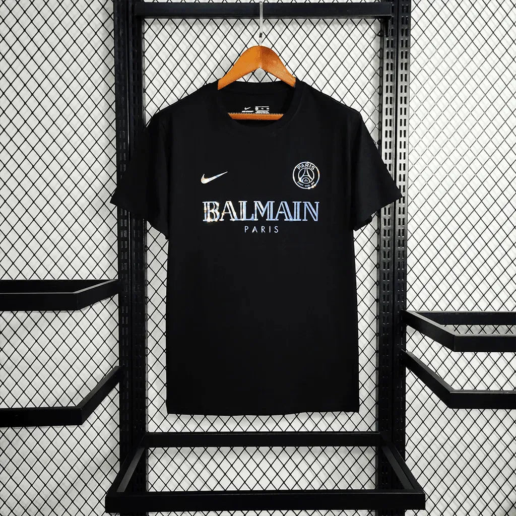 BALMAIN Men's Reflective PSG Fan Shirt - Black